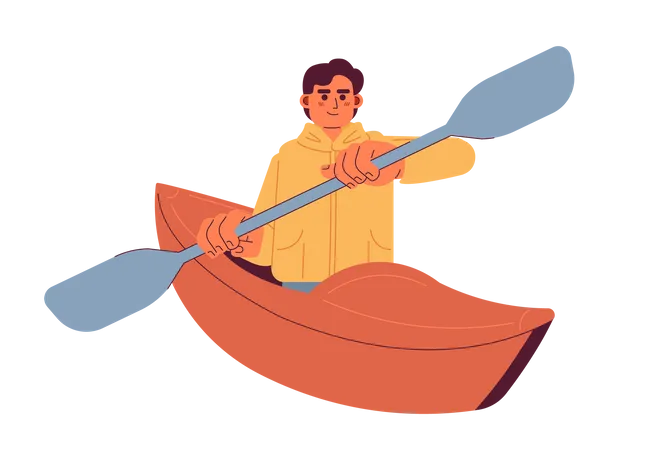Young caucasian man paddling kayak  Illustration