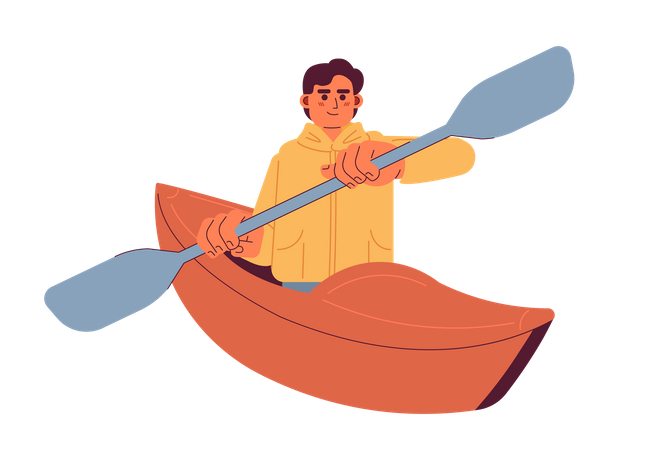 Young caucasian man paddling kayak  Illustration