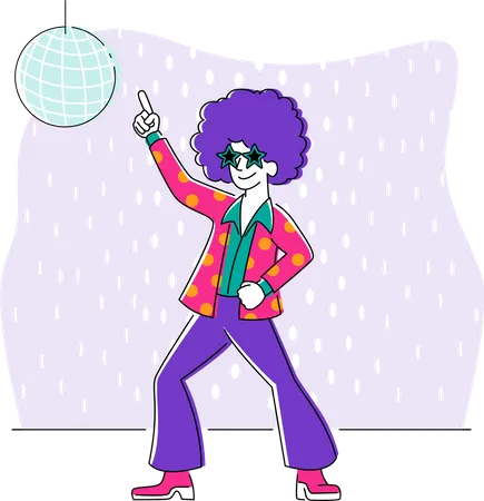 Young Character Dancing On Disco Party Man In Fashioned Retro Clothing And Hairstyle Celebrating Holiday Spending Time Moving To Music Rhythm Happy Leisure And Sparetime Linear Vector Illustration Illustration