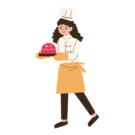 Young chef baking cake on tray  Illustration
