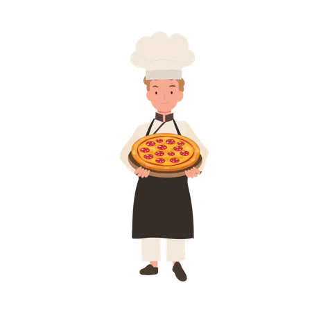Young Chef Cooking Delicious Homemade Pizza Child Chef In Chef Hat Serving Pizza Illustration