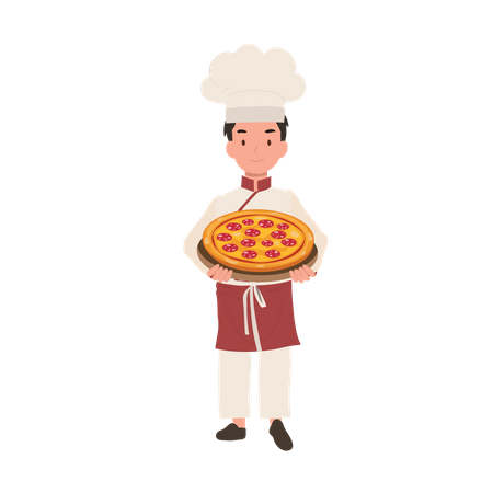 Young chef cooking delicious homemade pizza  イラスト