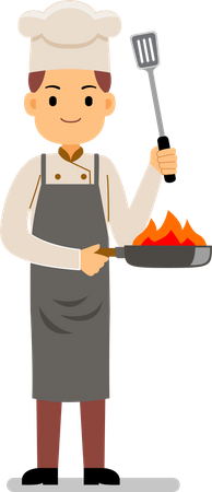 Young chef cooking in frying pan  Illustration