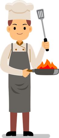 Young chef cooking in frying pan  Illustration