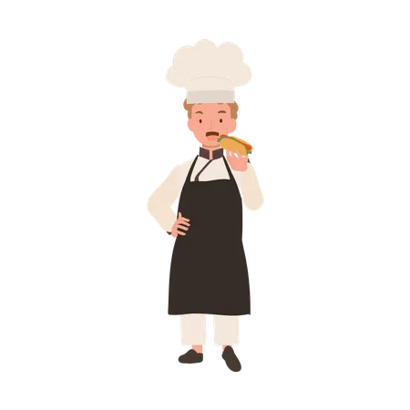 Young Chef Enjoying Tasty Hot Dog Flat Vector Cartoon Illustration Illustration