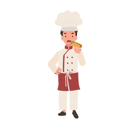 Young chef enjoying tasty hot dog  Illustration