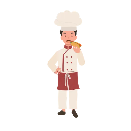 Young Chef Enjoying Tasty Hot Dog Flat Vector Cartoon Illustration Illustration