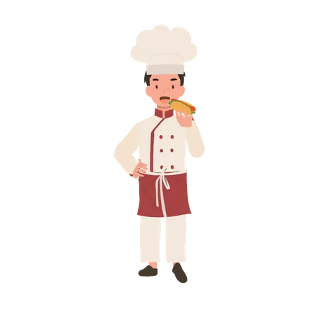 Young chef enjoying tasty hot dog  Illustration