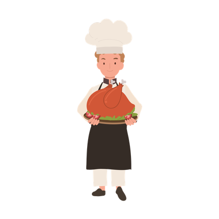 Young Chef in Chef Hat and Apron is Serving Whole Roasted Turkey  イラスト