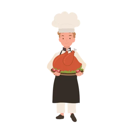 Young Chef in Chef Hat and Apron is Serving Whole Roasted Turkey  イラスト