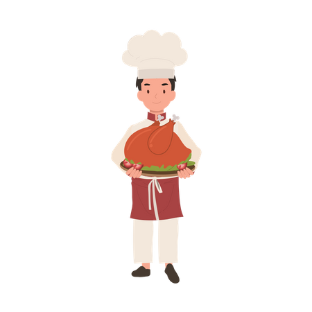 Young chef in chef hat and apron is serving whole roasted turkey  イラスト