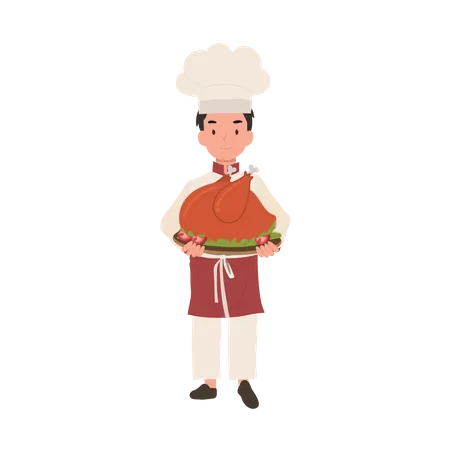 Young Chef In Chef Hat And Apron Is Serving Whole Roasted Turkey Illustration