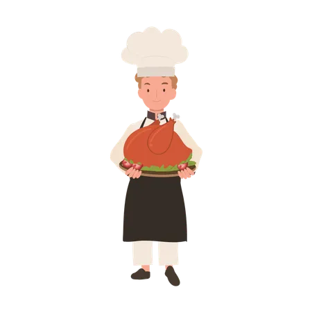 Young Chef in Chef Hat and Apron is Serving Whole Roasted Turkey  Illustration