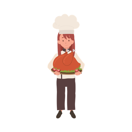 Young Chef in Chef Hat and Apron is Serving Whole Roasted Turkey  Illustration