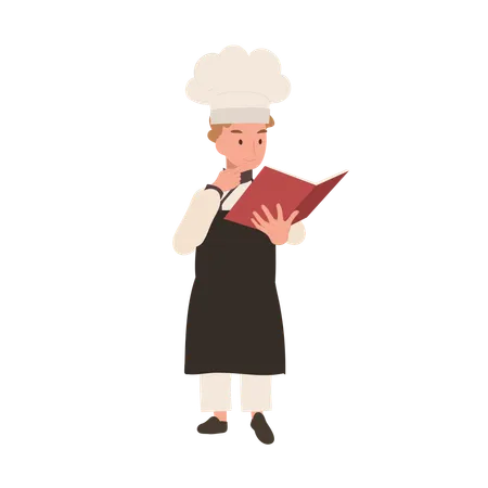 Young Chef Reading Cooking Book Child Chef Learning To Cook Illustration