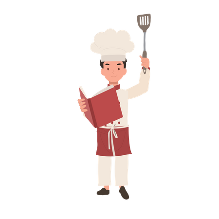 Young chef reading cooking book  일러스트레이션