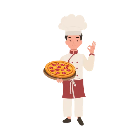 Young Chef Showing OK Sign Happy Chef Doing OK Hand Sign And Holding Homemade Pizza On Tray In Other Hand Illustration