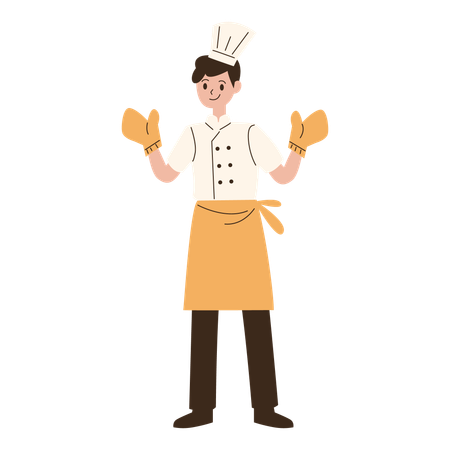 Young chef standing wearing heat resistant gloves  Ilustración