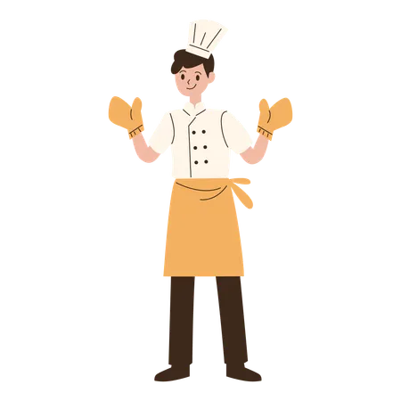 Young chef standing wearing heat resistant gloves  Illustration