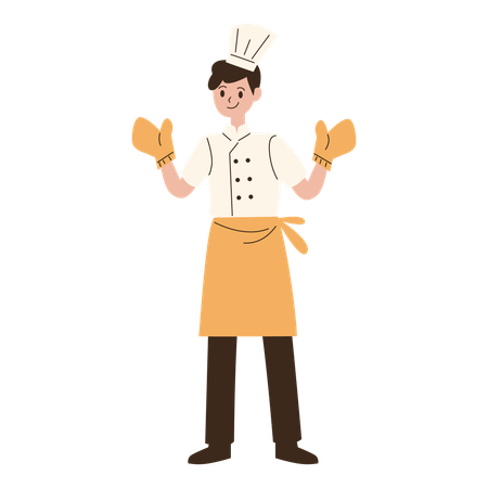 Young chef standing wearing heat resistant gloves  Illustration