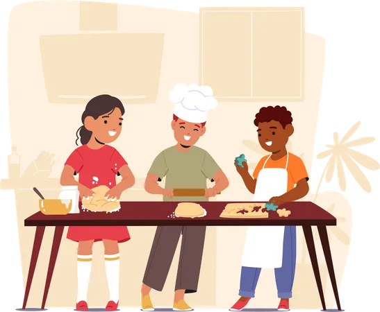 Young Chefs In Chef Uniforms Whipping Up Delicious Cookies Kids Characters Explore Culinary Delights Donning Aprons And Creating Sweet Masterpieces In The Kitchen Cartoon People Vector Illustration Illustration