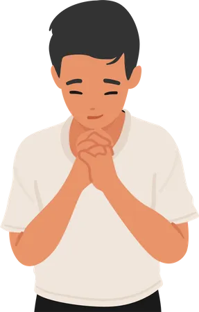 Young Child Boy Praying Eyes Closed And Hands Clasped Bows In Earnest Prayer A Picture Of Innocence Seeking Solace And Connection Little Kid Character Worship Cartoon People Vector Illustration Illustration