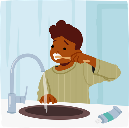 Young Child Diligently Brushes Teeth  Illustration