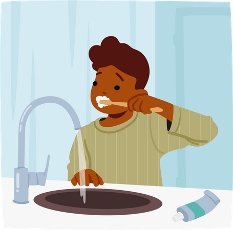 Young Child Diligently Brushes Teeth  イラスト