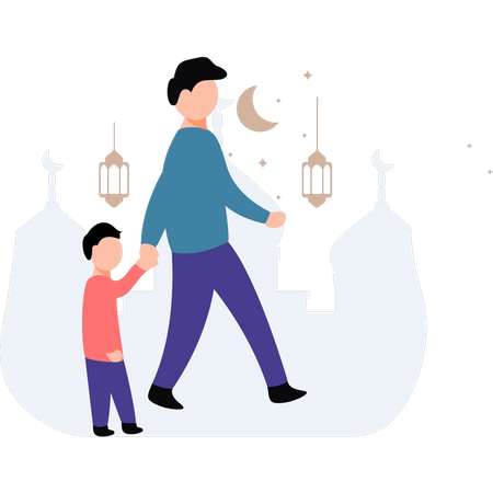 Young child is going with his father  Illustration