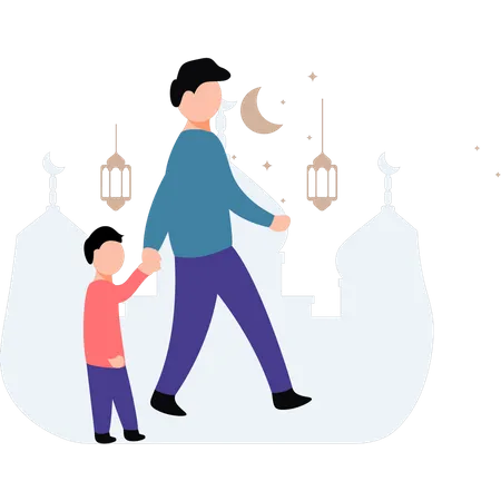 Young child is going with his father  Illustration