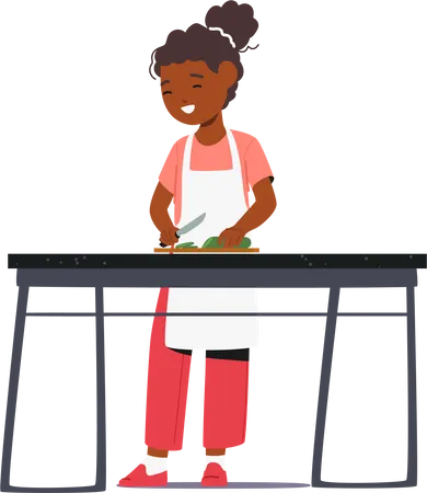 Young Child Joyfully Learning Culinary Skills African Girl Character Carefully Cutting A Cucumber With Tiny Hands Their Eyes Filled With Wonder And Excitement Cartoon People Vector Illustration Illustration
