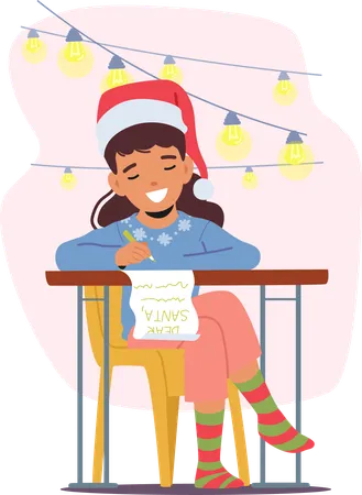 Young Child Sits At Table Earnestly Writing A Heartfelt Letter To Santa Claus Dreams And Wishes Filling The Page Happy Girl Character Writes Her Wishes On Paper Cartoon People Vector Illustration 일러스트레이션