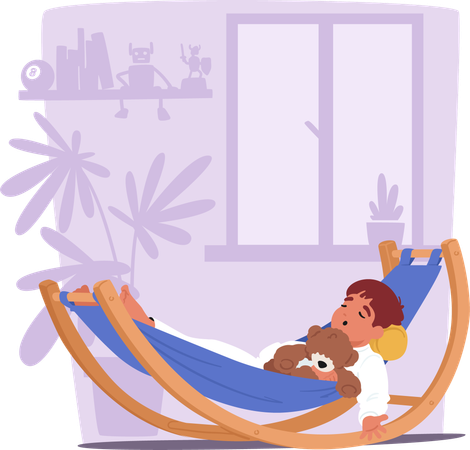 Young Child Sleeping In Hammock with Teddy Bear  Illustration