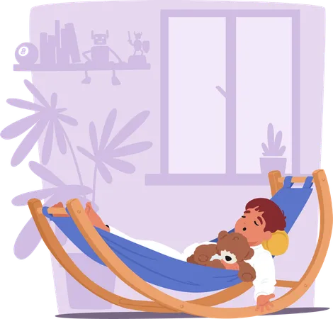 Young Child Sleeping In Hammock with Teddy Bear  Illustration