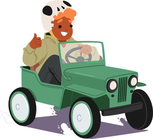 Young Child Wearing Skull Helmet and Ride Vintage Pedal Car  Illustration