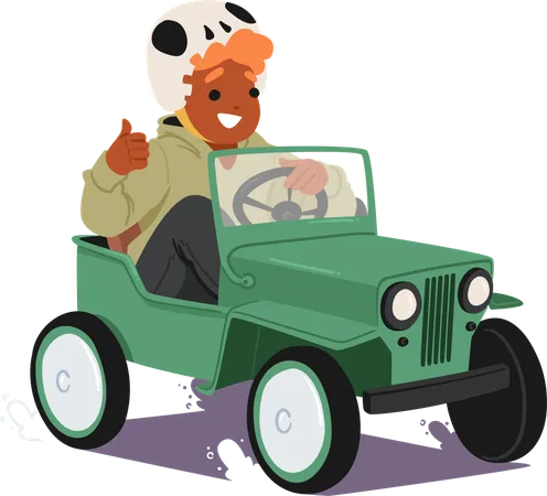 Young Child Wearing Skull Helmet and Ride Vintage Pedal Car  Illustration