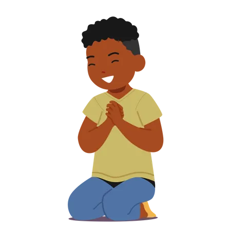 Young Child With Closed Eyes And Folded Hands Deep In Prayer Little Black Boy Character With Happy Innocent And Hopeful Expression Seeking Solace And Guidance Cartoon People Vector Illustration Illustration