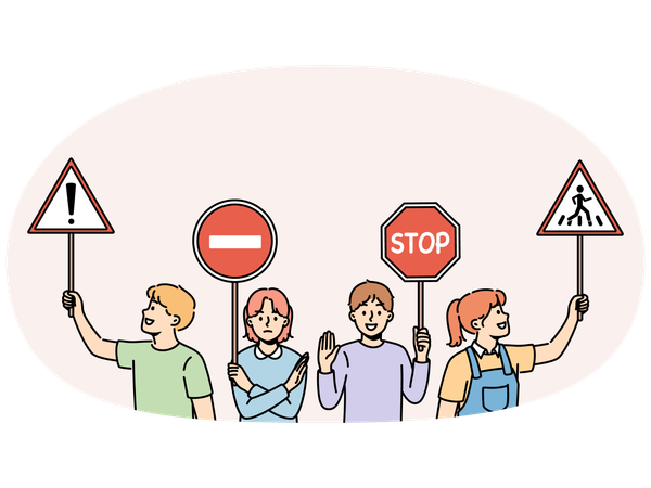 Young children hold traffic signs urging peers to follow safety rules walking streets  Illustration