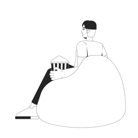 豆袋の上でポップコーンを楽しむ若い中国人男性  イラスト