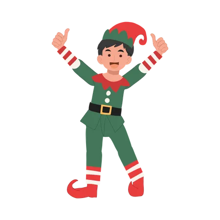 Young Christmas Elf Kid Is Doing Thumbs Up Vector Illustration Illustration
