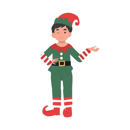 Young Christmas Elf Kid Is Making Introduction Vector Illustration Illustration