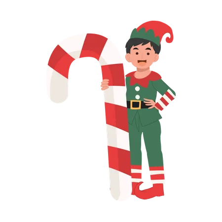 Young Christmas Elf Kid With Candy Cane Vector Illustration Illustration