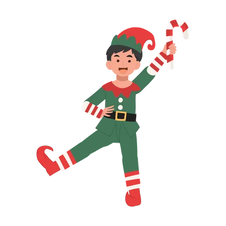 Young Christmas Elf Kid With Candy Cane Vector Illustration Illustration