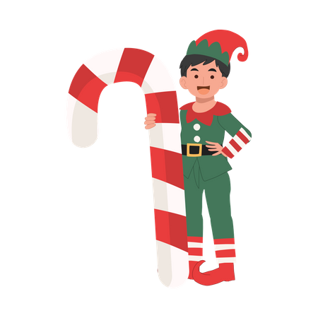 Young christmas elf boy with candy cane  Illustration