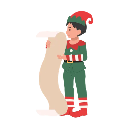 Young Christmas Elf Kid With A Very Long List Vector Illustration Illustration