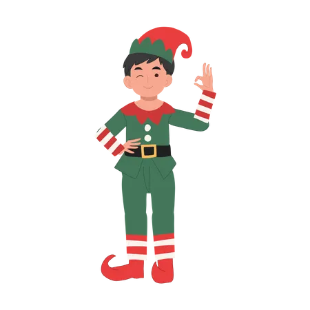 Young christmas elf boy with OK hand sign  Illustration