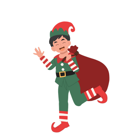 Young christmas elf boy with santa gift sack  Illustration