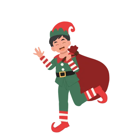Young christmas elf boy with santa gift sack  イラスト
