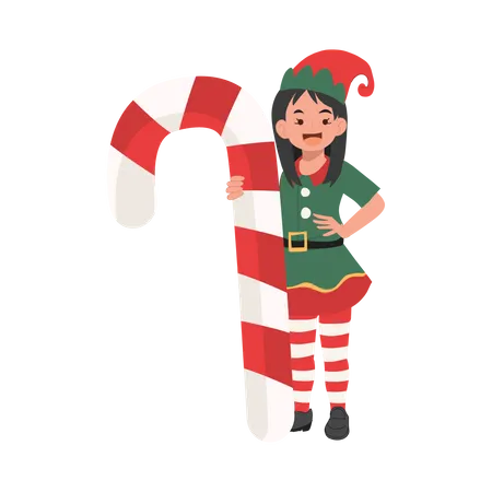 Young christmas elf girl with candy cane  Illustration