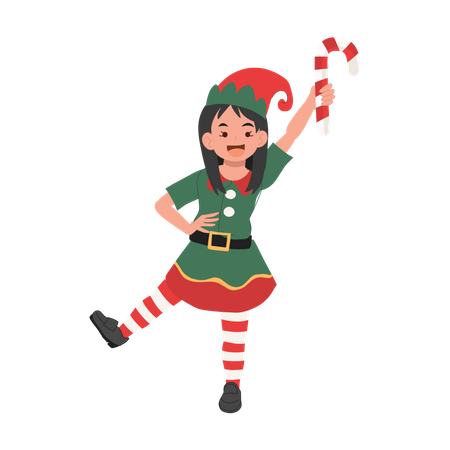 Young christmas elf girl with candy cane  Illustration